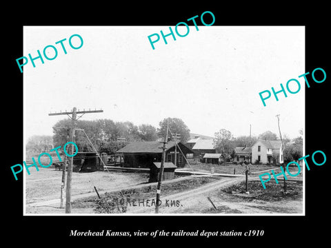 OLD LARGE HISTORIC PHOTO OF MOREHEAD KANSAS, THE RAILROAD DEPOT STATION c1910