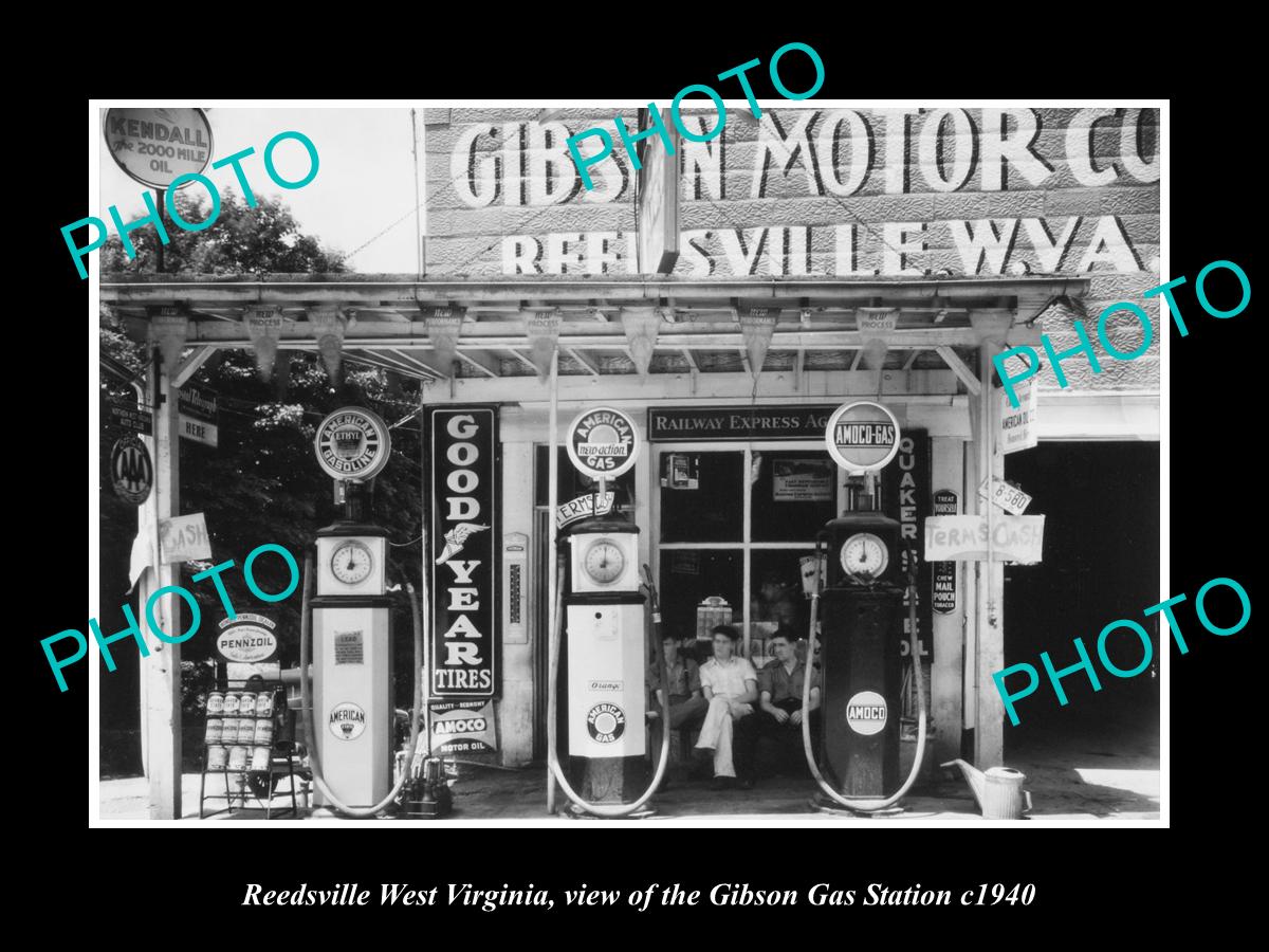 OLD LARGE HISTORIC PHOTO REEDSVILLE WEST VIRGINIA, THE GIBSON GAS STATION c1940