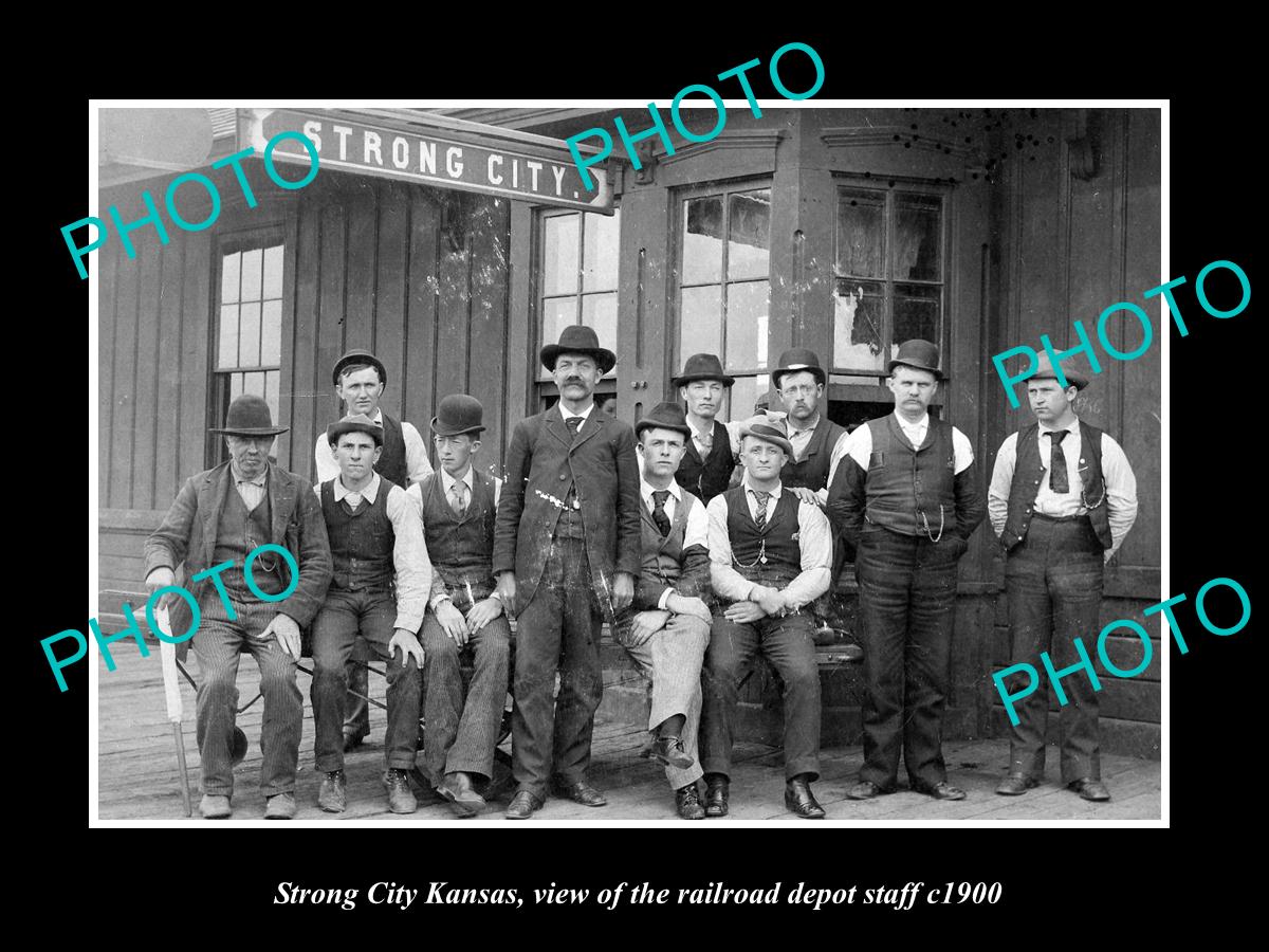 OLD LARGE HISTORIC PHOTO OF STRONG CITY KANSAS, THE RAILROAD DEPOT STAFF c1900