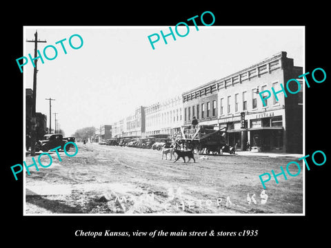 OLD LARGE HISTORIC PHOTO OF CHETOPA KANSAS, VIEW OF MAIN STREET & STORES c1935