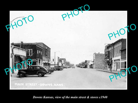 OLD LARGE HISTORIC PHOTO OF DOWNS KANSAS, VIEW OF THE MAIN STREET & STORES c1940