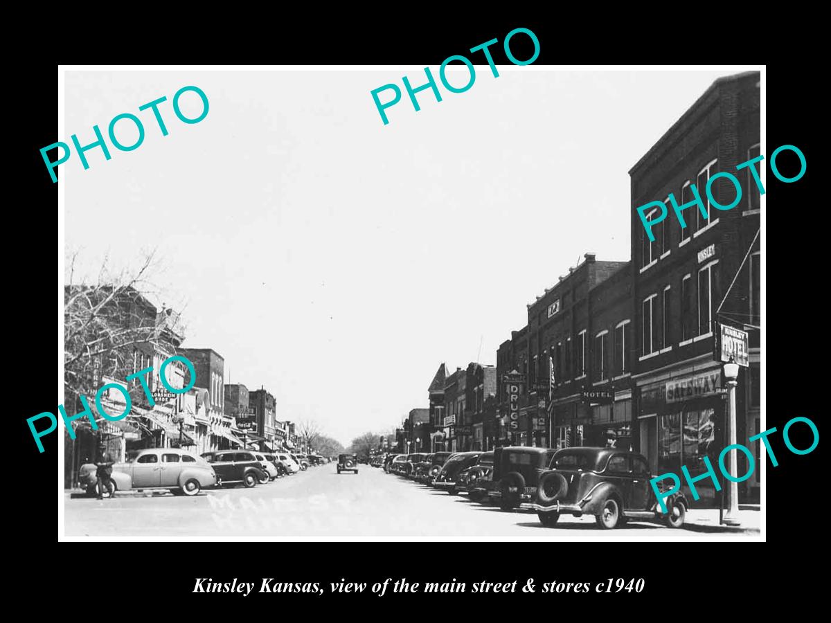 OLD LARGE HISTORIC PHOTO OF KINSLEY KANSAS, THE MAIN STREET & STORES c1940