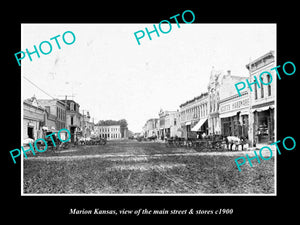 OLD LARGE HISTORIC PHOTO OF MARION KANSAS, THE MAIN STREET & STORES c1900