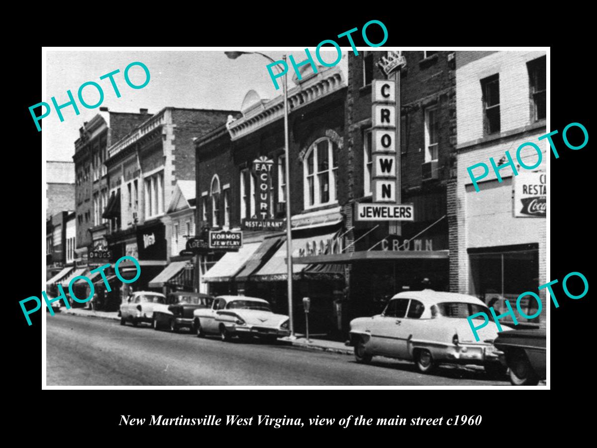 OLD LARGE HISTORIC PHOTO OF NEW MARTINSVILLE WEST VIRGINIA MAIN St & STORES 1960