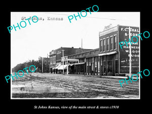 OLD LARGE HISTORIC PHOTO OF St JOHN KANSAS, THE MAIN STREET & STORES c1910