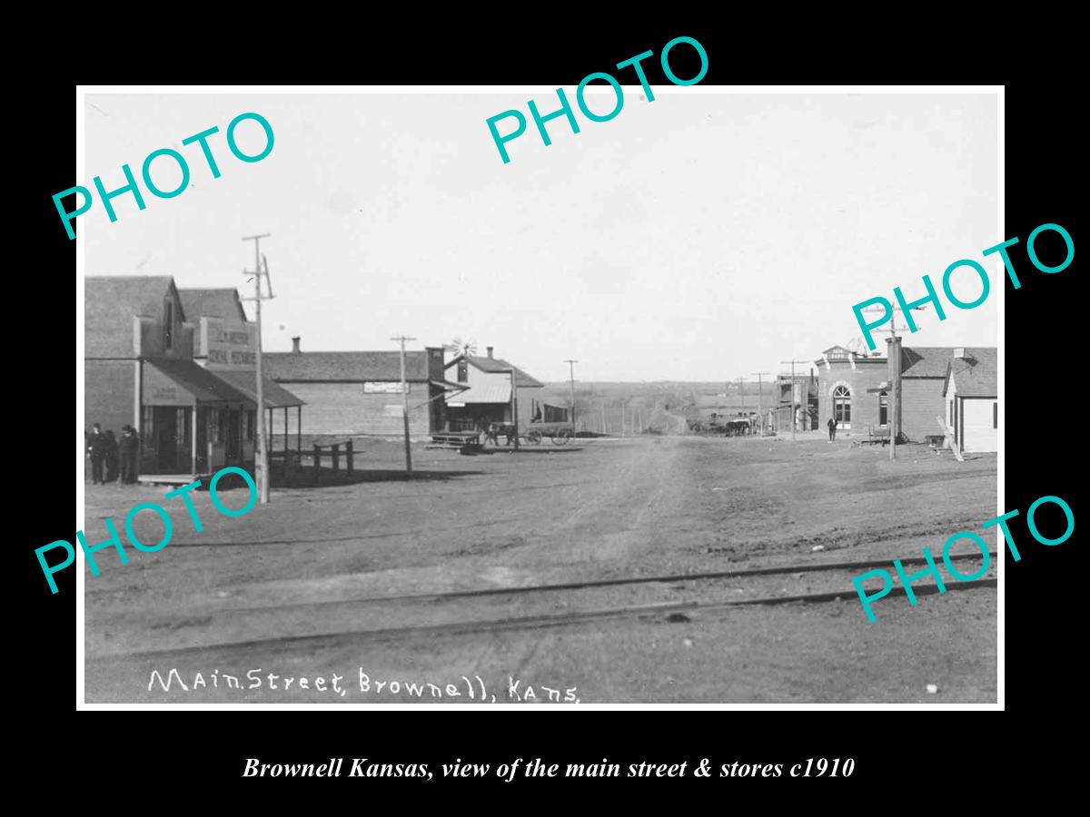 OLD LARGE HISTORIC PHOTO OF BROWNELL KANSAS, THE MAIN STREET & STORES c1910