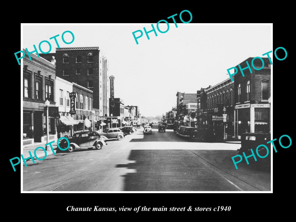 OLD LARGE HISTORIC PHOTO OF CHANUTE KANSAS, THE MAIN STREET & STORES c1940