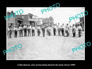 OLD LARGE HISTORIC PHOTO OF COLBY KANSAS, MARCHING BAND IN THE MAIN STREET c1900