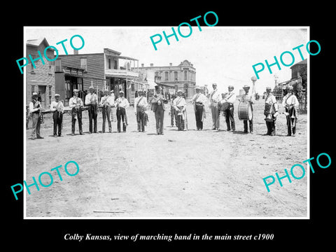 OLD LARGE HISTORIC PHOTO OF COLBY KANSAS, MARCHING BAND IN THE MAIN STREET c1900