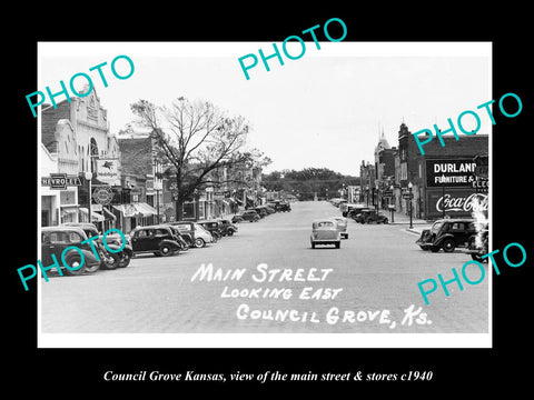 OLD LARGE HISTORIC PHOTO OF COUNCIL GROVE KANSAS, THE MAIN STREET & STORES c1940