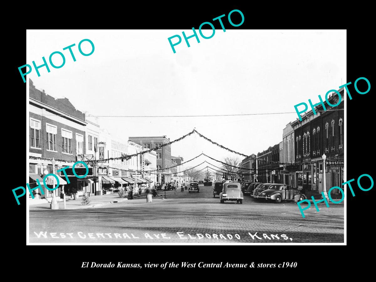 OLD LARGE HISTORIC PHOTO OF EL DORADO KANSAS, VIEW OF CENTRAL Ave & STORES c1940