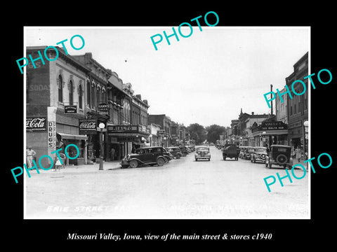 OLD LARGE HISTORIC PHOTO OF MISSOURI VALLEY IOWA, THE MAIN STREET & STORES c1940