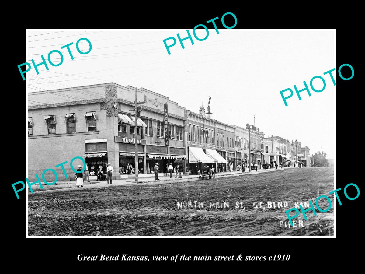 OLD LARGE HISTORIC PHOTO OF GREAT BEND KANSAS, THE MAIN STREET & STORES c1910