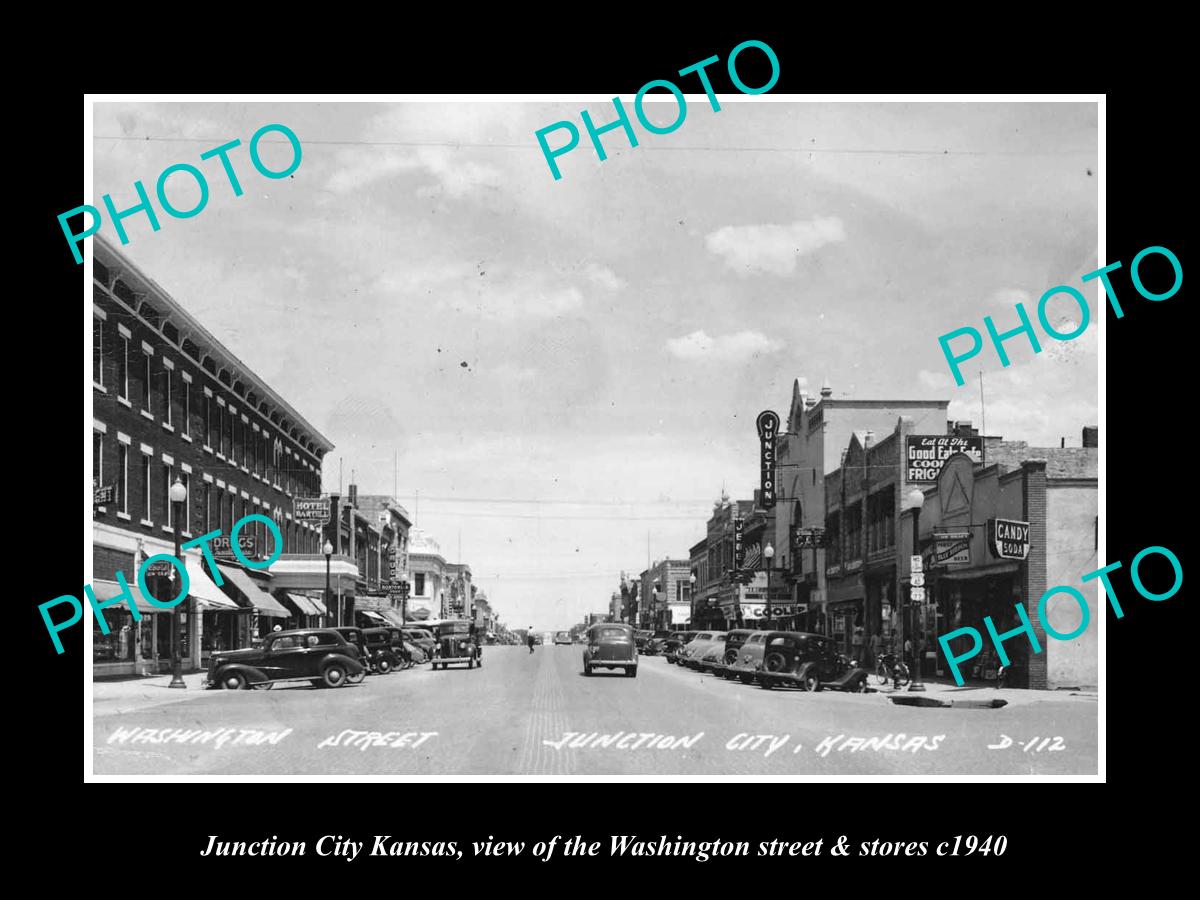 OLD LARGE HISTORIC PHOTO OF JUNCTION CITY KANSAS, VIEW OF WASHINGTON STREET 1940