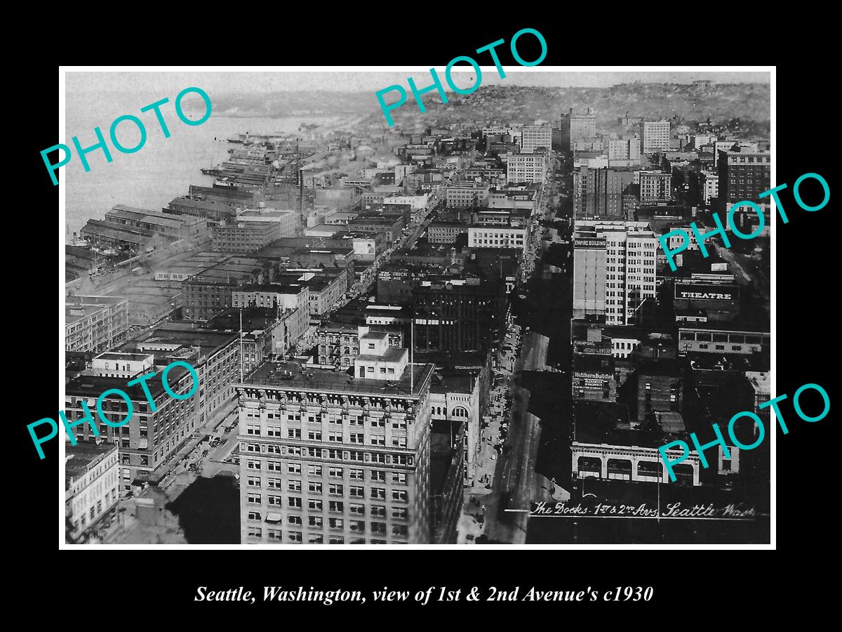 OLD LARGE HISTORIC PHOTO OF SEATTLE WASHINGTON, AERIAL VIEW OF 1st & 2nd AVENUE