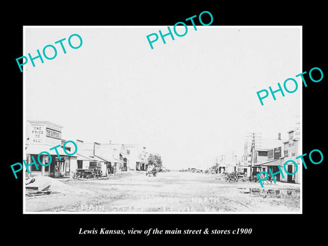 OLD LARGE HISTORIC PHOTO OF LEWIS KANSAS, THE MAIN STREET & STORES c1900