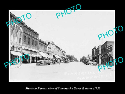 OLD LARGE HISTORIC PHOTO OF MANKATO KANSAS, VIEW OF COMMERCIAL St & STORES c1930