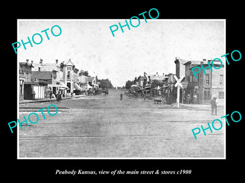 OLD LARGE HISTORIC PHOTO OF PEABODY KANSAS, THE MAIN STREET & STORES c1900