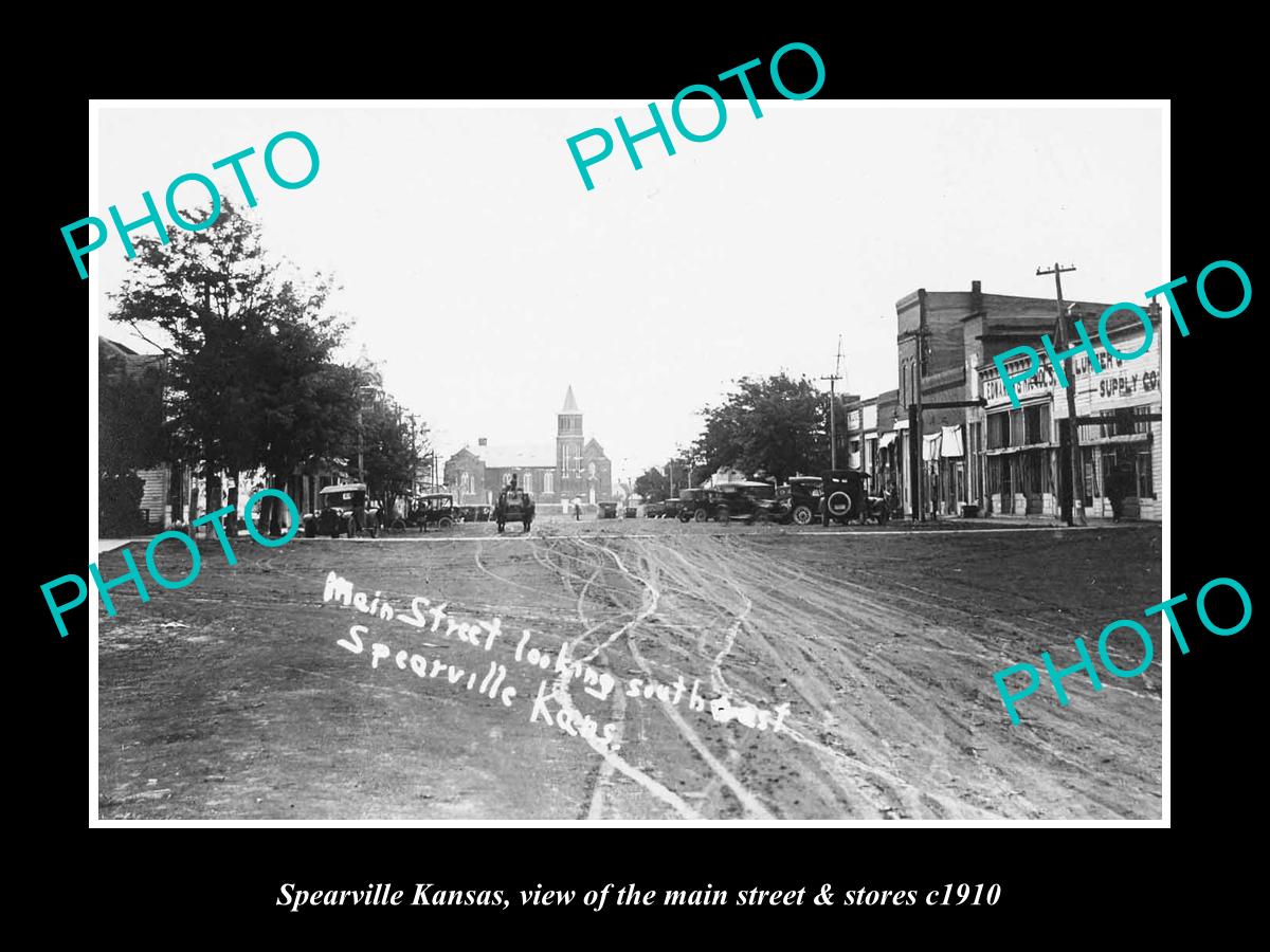 OLD LARGE HISTORIC PHOTO OF SPEARVILLE KANSAS, THE MAIN STREET & STORES c1910