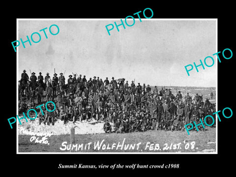 OLD LARGE HISTORIC PHOTO OF SUMMIT KANSAS, THE WOLF HUNT TEAM c1908