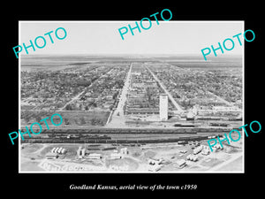 OLD LARGE HISTORIC PHOTO OF GOODLAND KANSAS, AERIAL VIEW OF THE TOWN c1950