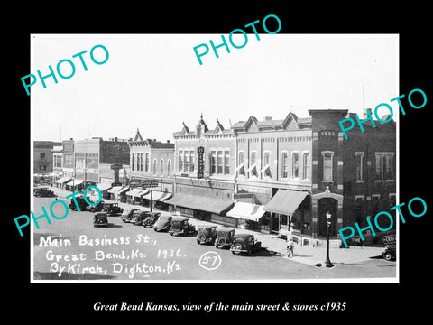 OLD LARGE HISTORIC PHOTO OF GREAT BEND KANSAS, THE MAIN STREET & STORES c1935