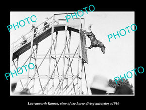 OLD LARGE HISTORIC PHOTO OF LEAVENWORTH KANSAS, THE HORSE DIVING ATTRACTION 1910