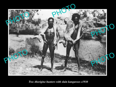 OLD LARGE HISTORIC PHOTO OF 2 ABORIGINAL MEN WITH THEIR KANGAROO KILL c1930