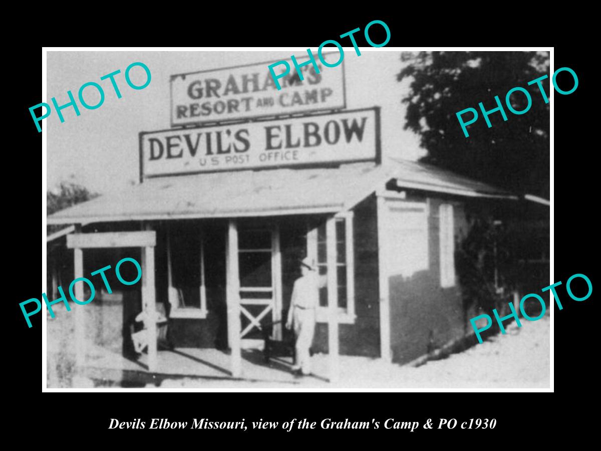 OLD LARGE HISTORIC PHOTO OF DEVILS ELBOW MISSOURI, THE GRAHAMS CAMP & PO c1930