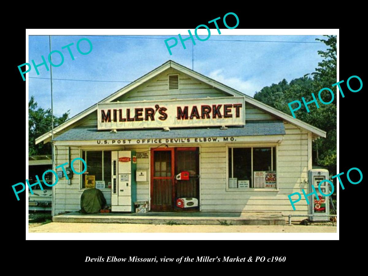 OLD LARGE HISTORIC PHOTO OF DEVILS ELBOW MISSOURI, THE MILLERS MARKET & PO c1960