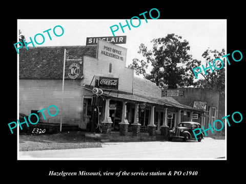 OLD LARGE HISTORIC PHOTO OF HAZELGREEN MISSOURI, THE PO & SERVICE STATION c1940