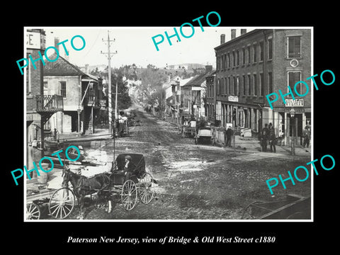 OLD LARGE HISTORIC PHOTO OF PATERSON NEW JERSEY, VIEW OF BRIDGE & WEST ST c1880