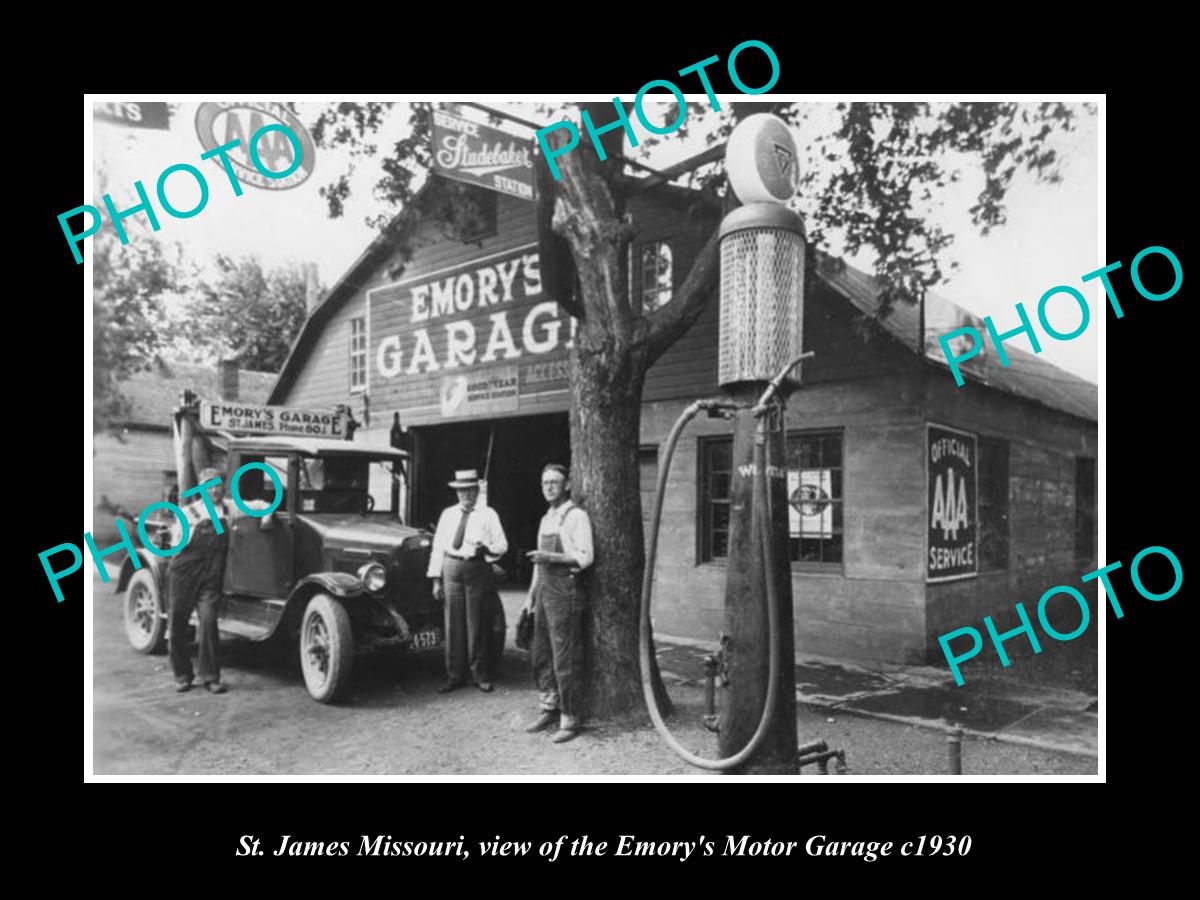 OLD LARGE HISTORIC PHOTO OF St JAMES MISSOURI, EMORY MOTOR GARAGE c1930