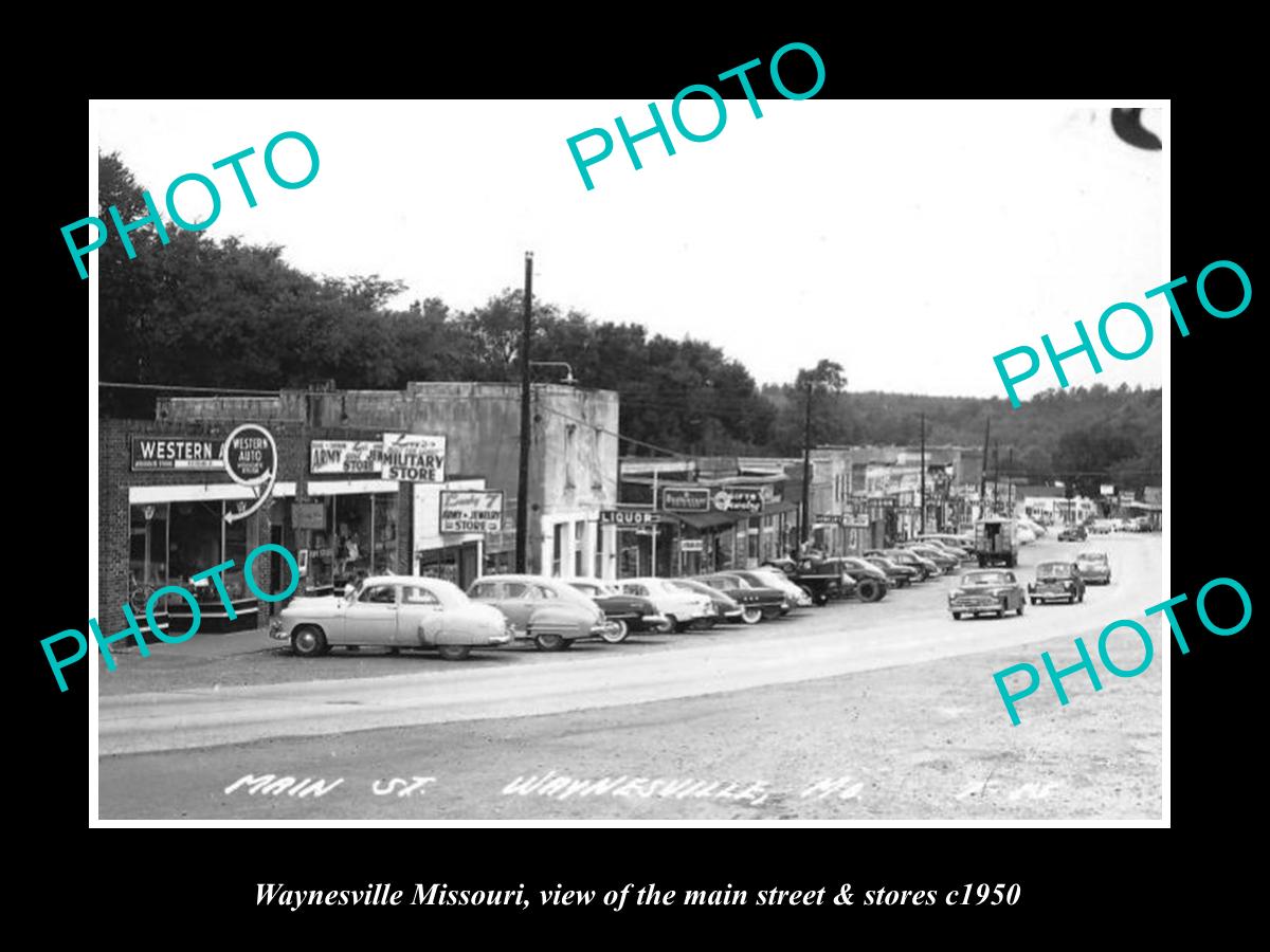 OLD LARGE HISTORIC PHOTO OF WAYNESVILLE MISSOURI, THE MAIN St & STORES c1950