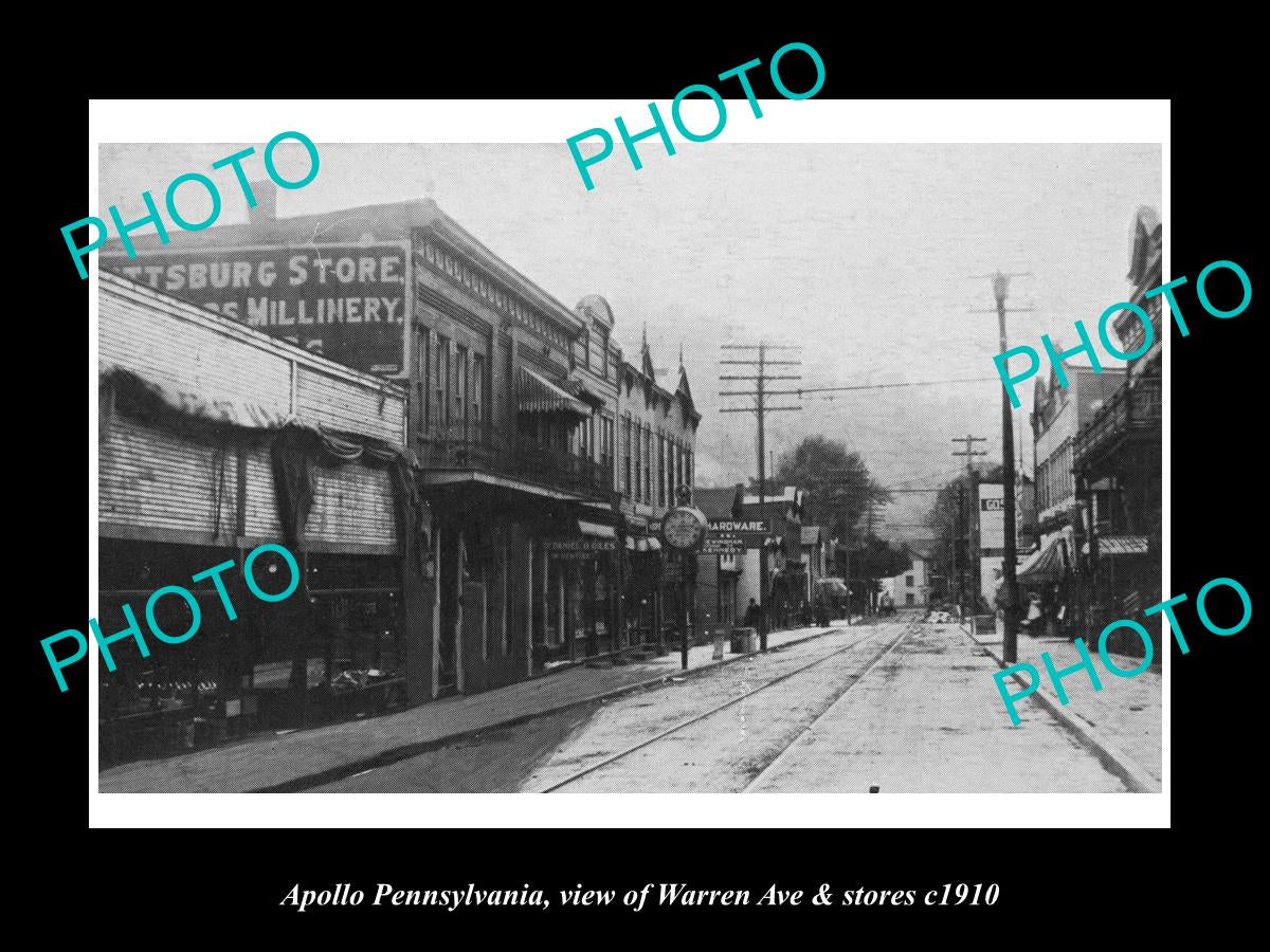 OLD LARGE HISTORIC PHOTO OF APOLLO PENNSYLVANIA, VIEW OF WARREN Av & STORES 1910