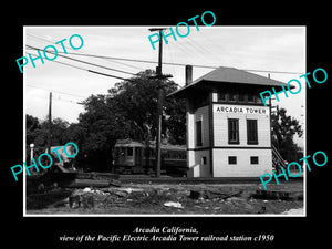 OLD HISTORIC PHOTO OF ARCADIA CALIFORNIA, PACIFIC ELECTRIC ARCADIA TOWER c1950