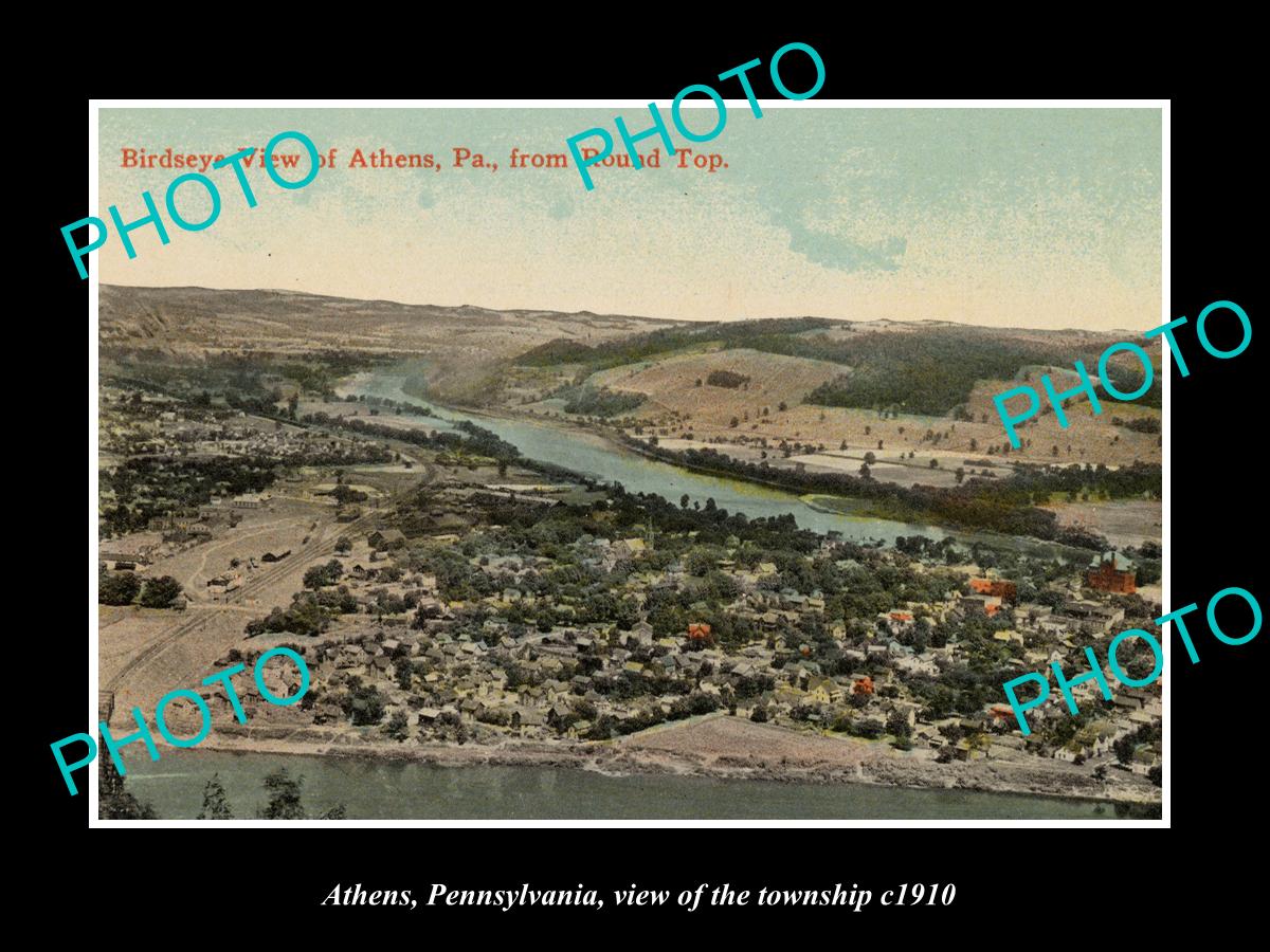 OLD LARGE HISTORIC PHOTO OF ATHENS PENNSYLVANIA, AERIAL VIEW OF THE TOWN c1910