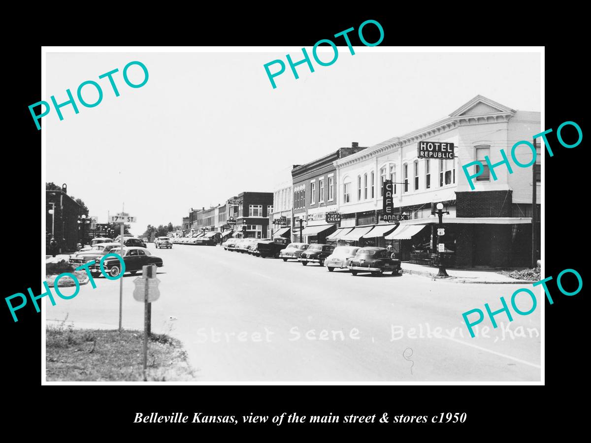 OLD LARGE HISTORIC PHOTO OF BELLEVILLE KANSAS, THE MAIN STREET & STORES c1950