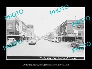 OLD LARGE HISTORIC PHOTO OF DODGE CITY KANSAS, THE MAIN STREET & STORES c1940