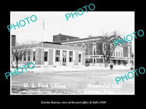 OLD LARGE HISTORIC PHOTO OF EUREKA KANSAS, THE POST OFFICE & HALL c1940