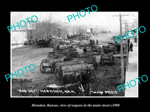 OLD LARGE HISTORIC PHOTO OF HERNDON KANSAS, THE WAGONS IN THE MAIN STREET c1900