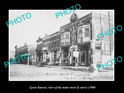 OLD LARGE HISTORIC PHOTO OF LYONS KANSAS, VIEW OF THE MAIN STREET & STORES c1900