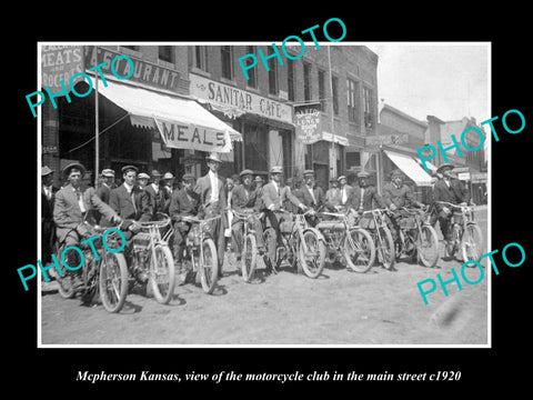 OLD LARGE HISTORIC PHOTO OF McPHERSON KANSAS, MOTORCYCLE CLUB IN MAIN ST c1920