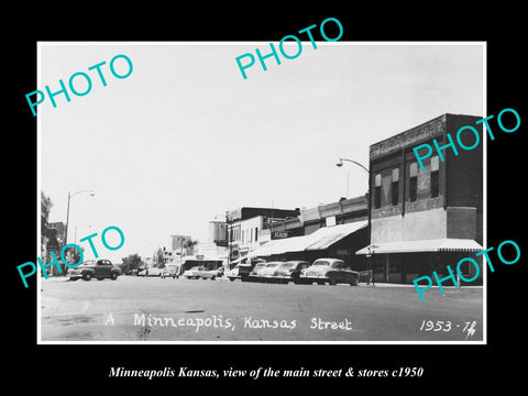 OLD LARGE HISTORIC PHOTO OF MINNEAPOLIS KANSAS, THE MAIN STREET & STORES c1950 1