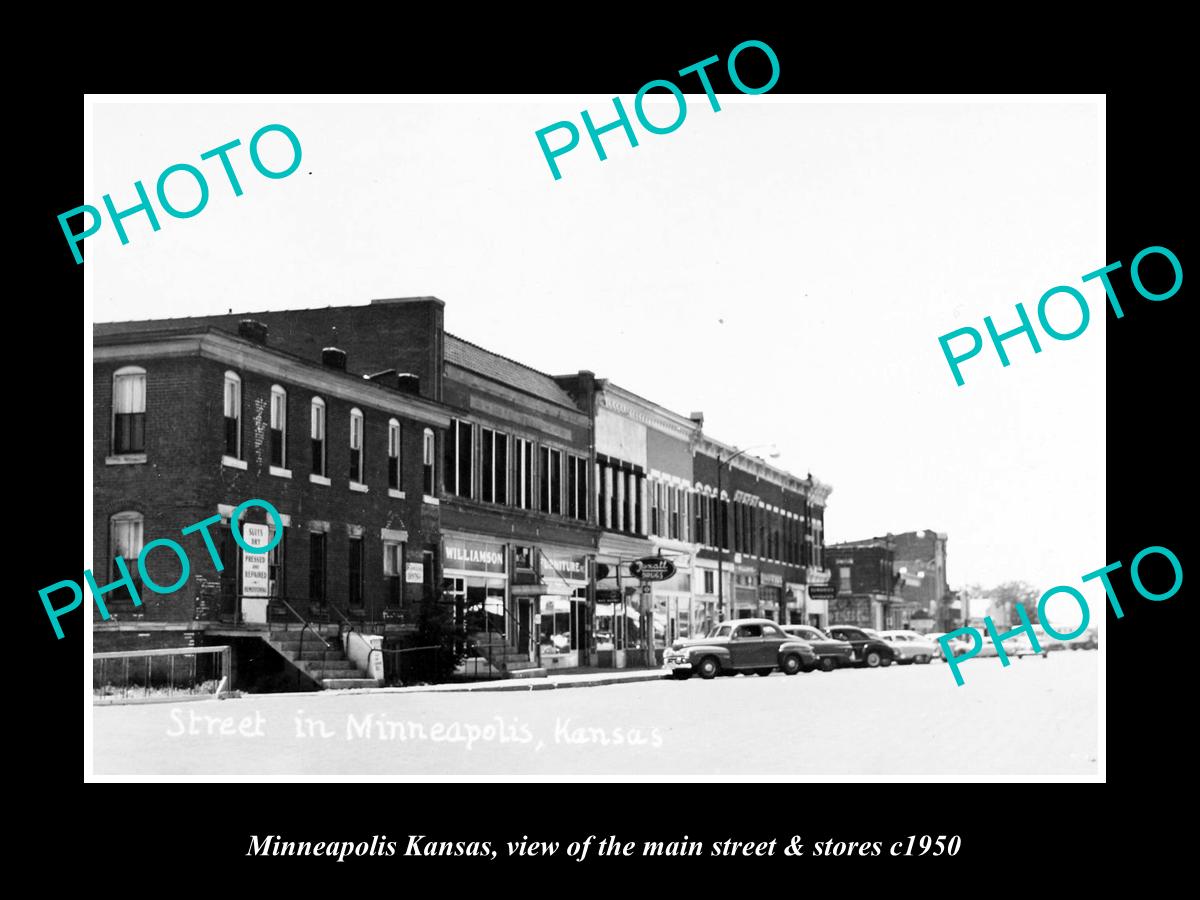 OLD LARGE HISTORIC PHOTO OF MINNEAPOLIS KANSAS, THE MAIN STREET & STORES c1950 2