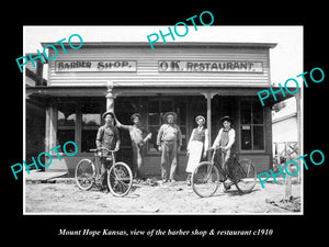 OLD LARGE HISTORIC PHOTO OF MOUNT HOPE KANSAS, THE BARBER SHOP & RESTAURANT 1910