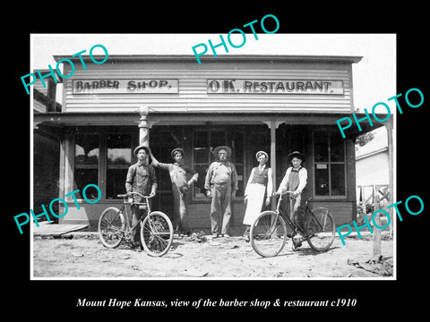 OLD LARGE HISTORIC PHOTO OF MOUNT HOPE KANSAS, THE BARBER SHOP & RESTAURANT 1910