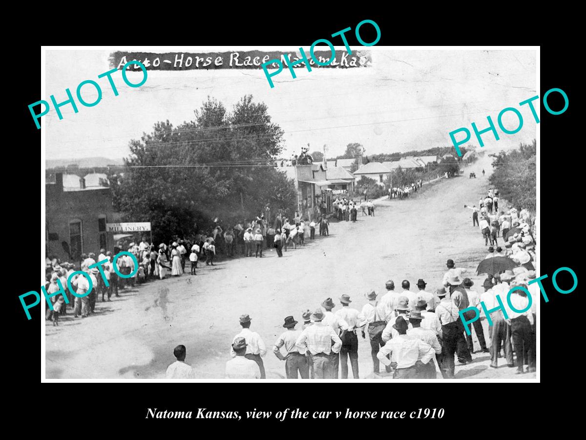 OLD LARGE HISTORIC PHOTO OF NATOMA KANSAS, THE CAR v HORSE RACE IN MAIN St c1910