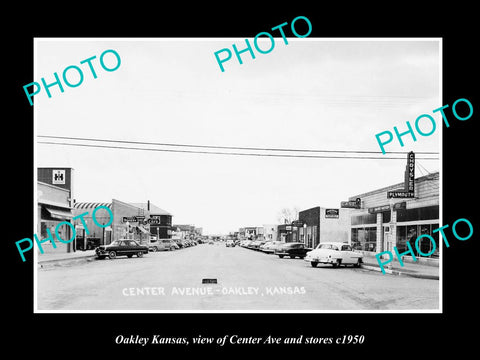 OLD LARGE HISTORIC PHOTO OF OAKLEY KANSAS, VIEW OF THE MAIN ST & STORES c1950