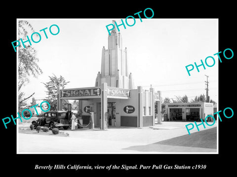 OLD HISTORIC PHOTO OF BEVERLY HILLS CALIFORNIA, PURR PULL OIL GAS STATION c1930